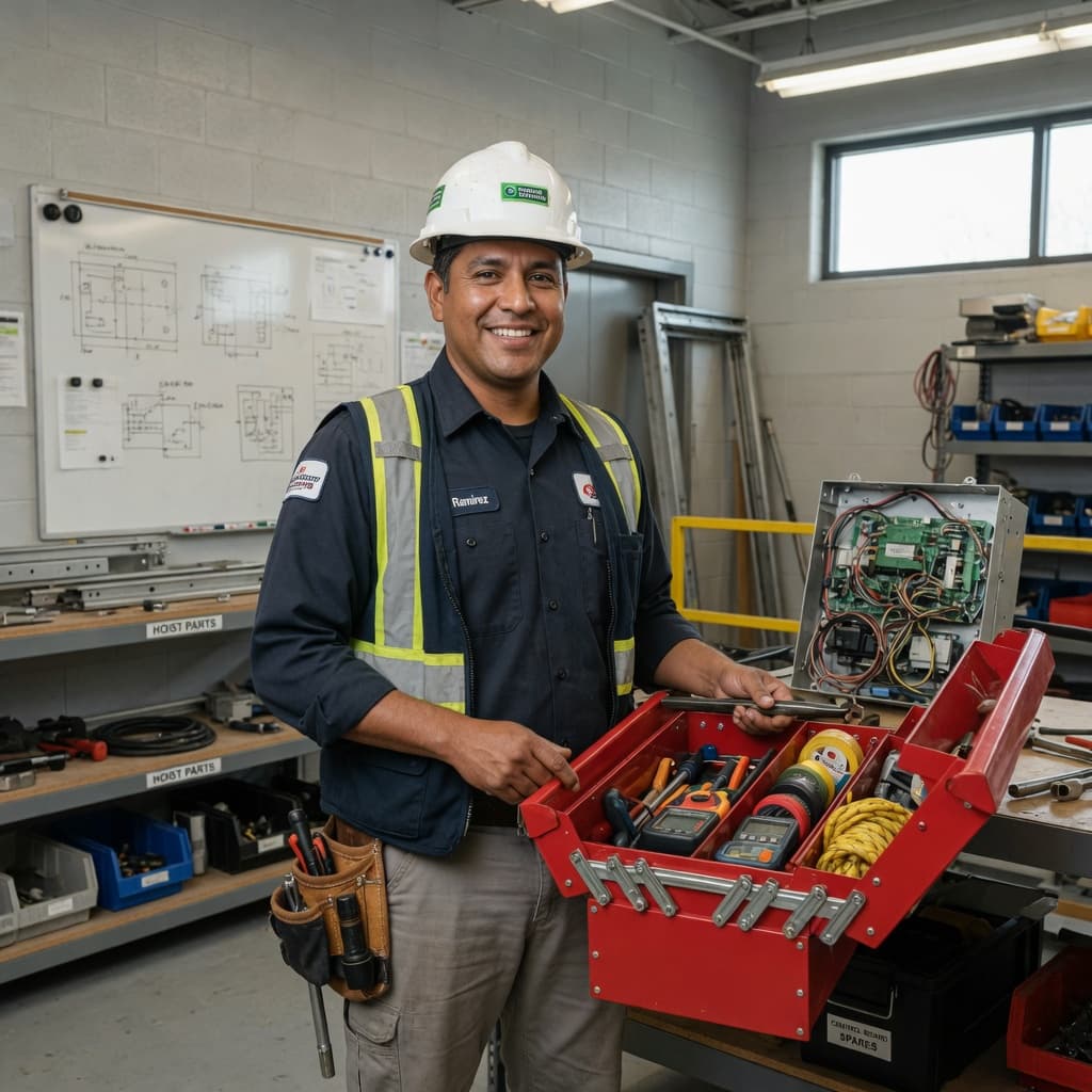 Experienced elevator technician ready for the day