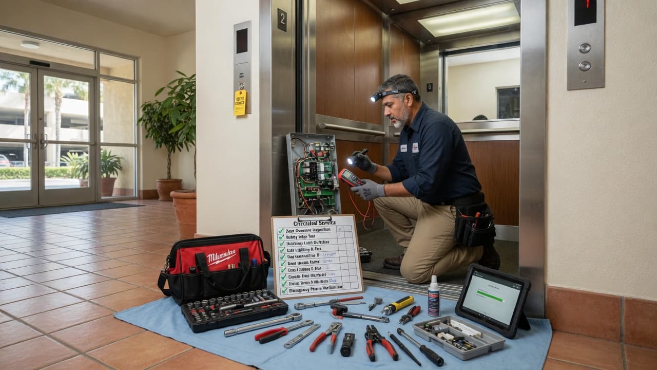 Technician performing scheduled residential elevator maintenance