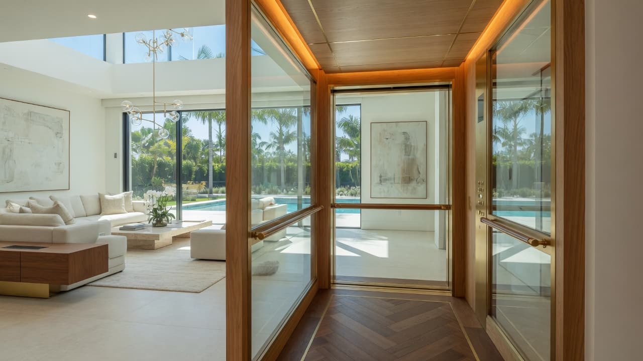 Modern residential home elevator with glass doors in a Southern California residence