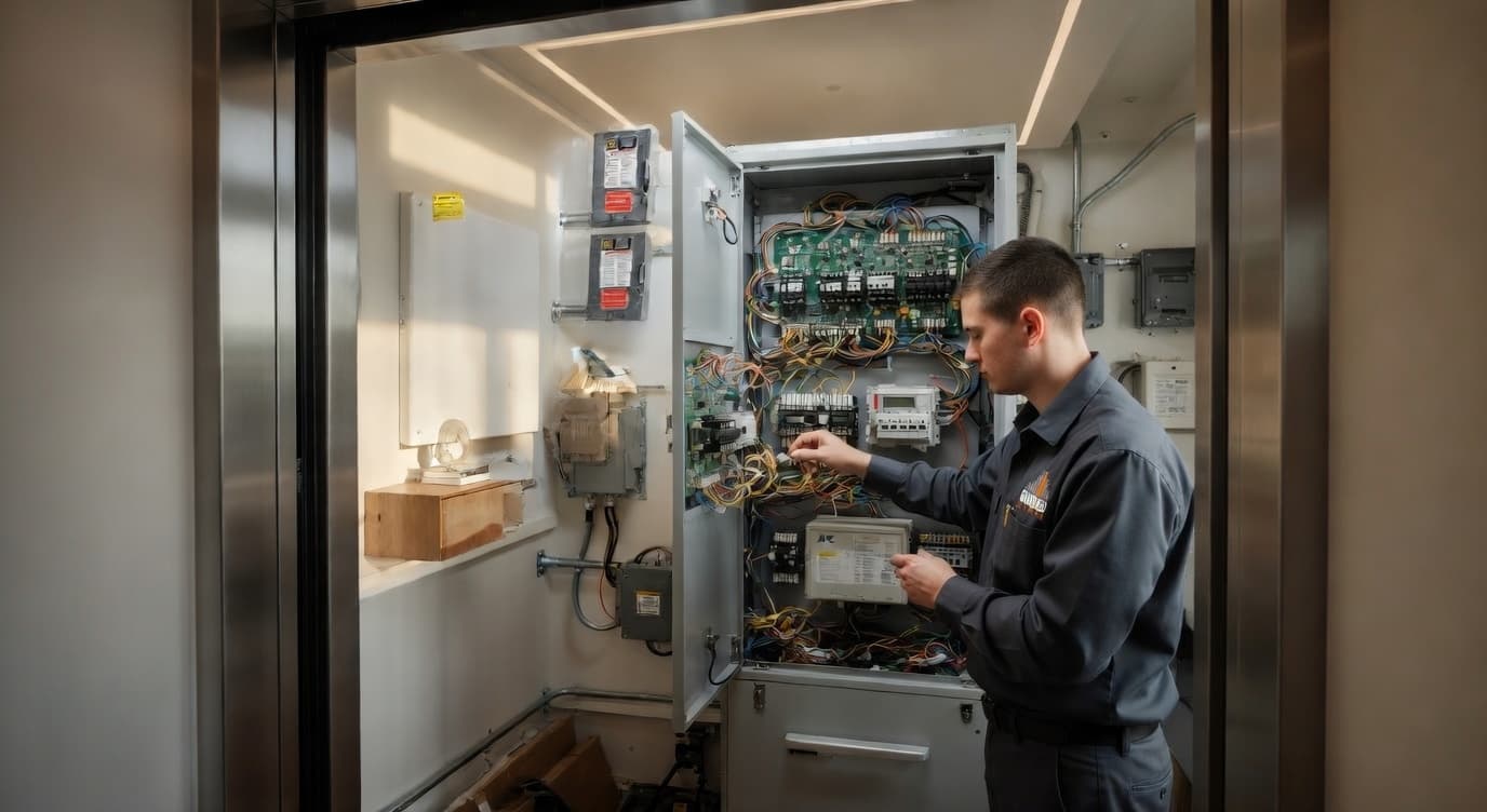 View from inside a residential elevator looking out through the doorway into an elevator machine room, where a service technician in a dark grey uniform with logo works on the open controller with disconnects on the wall
