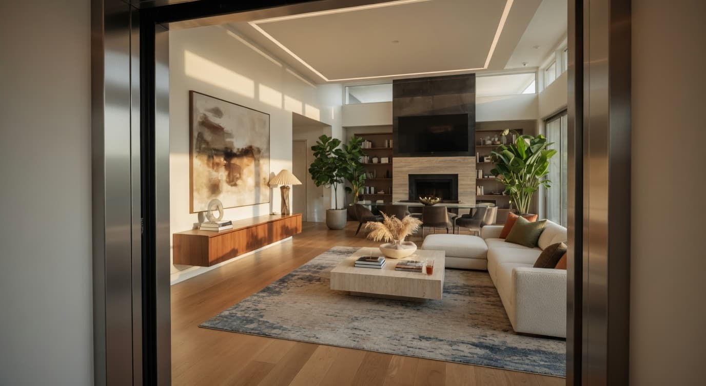 View from inside a residential elevator looking out through the doorway into a bright family living room with fireplace, couch, and TV