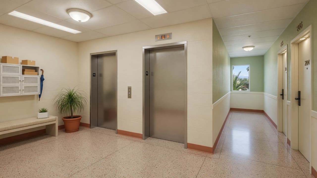 Commercial elevator doors in a small Southern California apartment building lobby