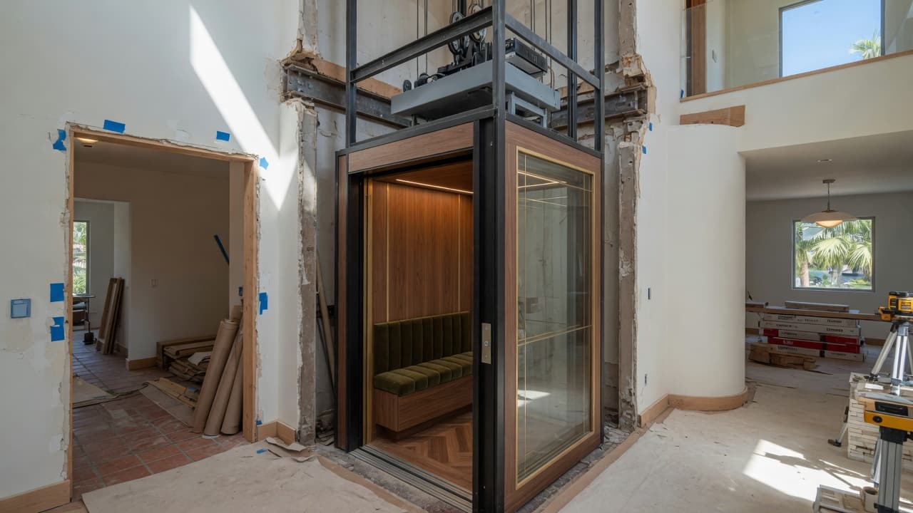 Custom residential elevator cab installation in a tight Southern California home shaft