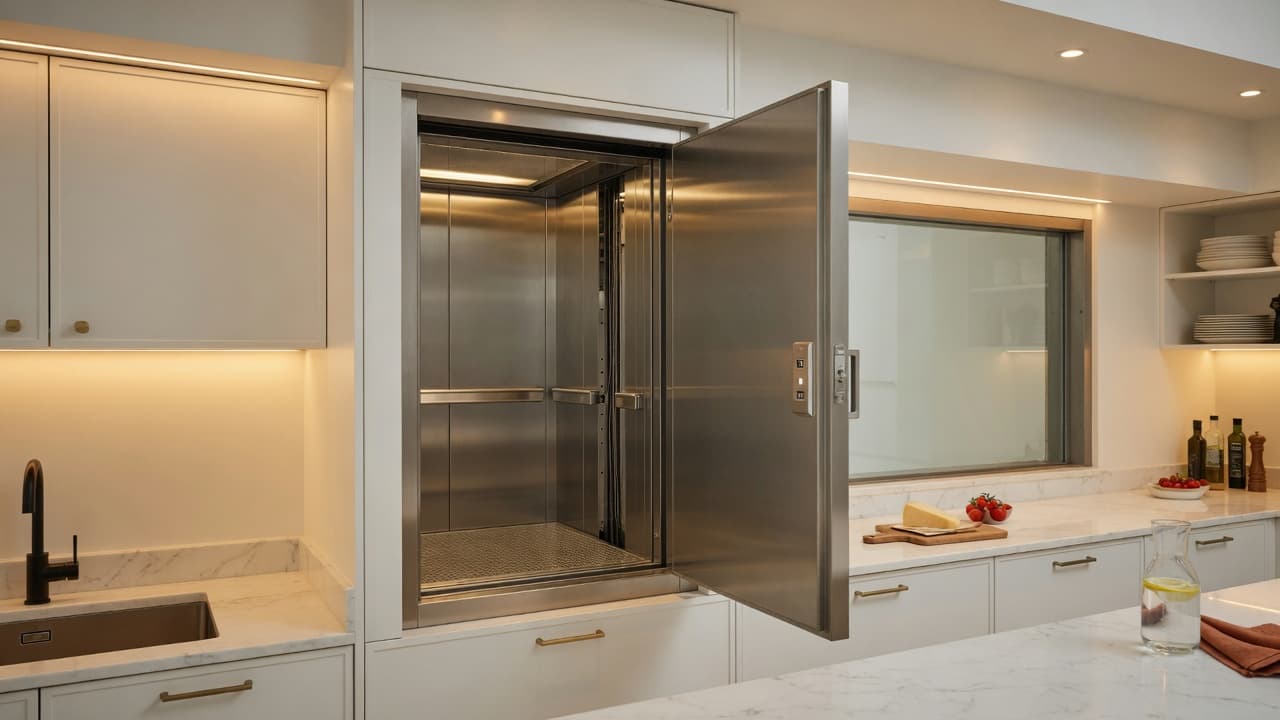 Residential kitchen dumbwaiter with stainless steel cabin in a modern home