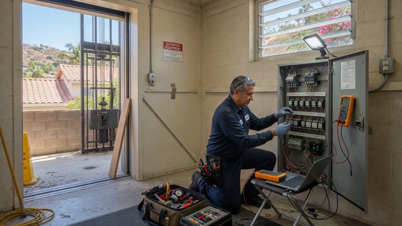 Elevator technician diagnosing a residential elevator control system