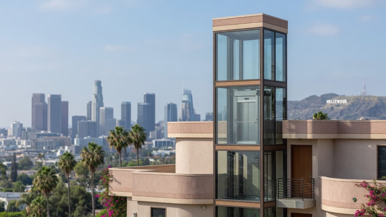 Residential elevator architecture with Los Angeles skyline light in the background