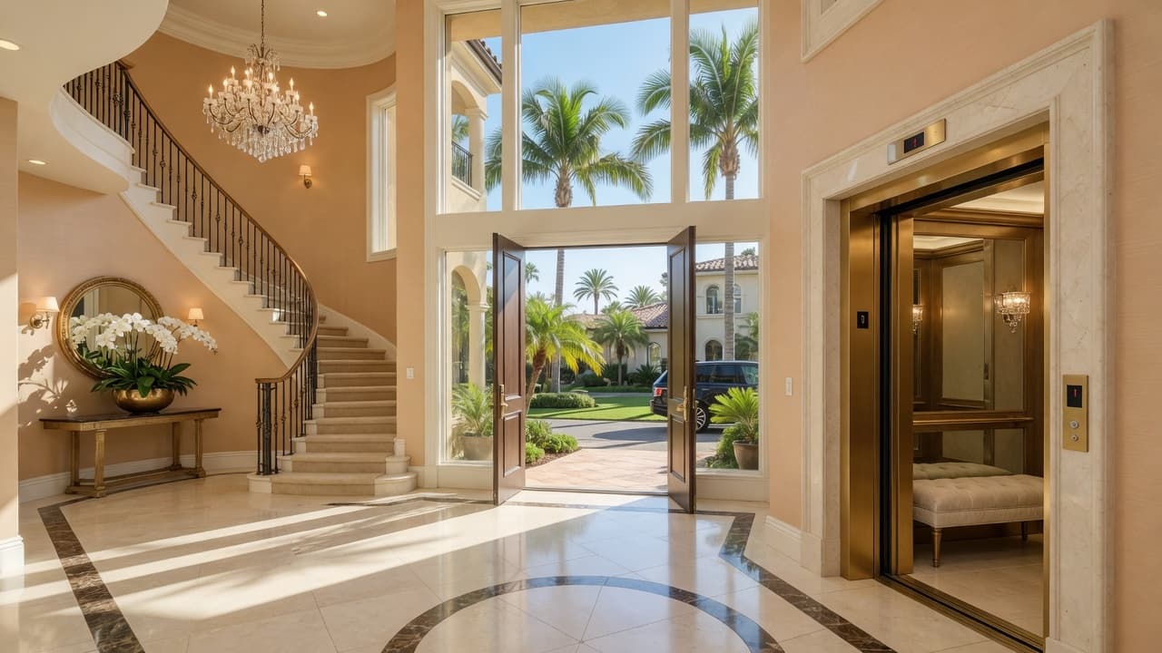 Luxury Orange County home foyer with residential elevator and California light
